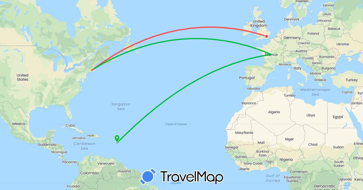 TravelMap itinerary: driving, bus, hiking in France, United Kingdom, United States (Europe, North America)